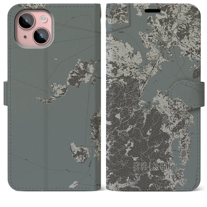 【西海（長崎県）】地図柄iPhoneケース（手帳タイプ）モノトーン・iPhone 15 Plus 用