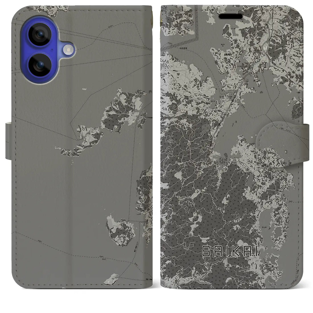 【西海(長崎県)】地図柄iPhoneケース(手帳タイプ)モノトーン・iPhone 16 Pro Max 用