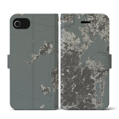 【西海（長崎県）】地図柄iPhoneケース（手帳タイプ）モノトーン・iPhone SE（第3 / 第2世代） / 8 / 7 / 6s / 6 用