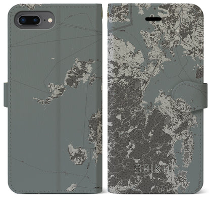 【西海（長崎県）】地図柄iPhoneケース（手帳タイプ）モノトーン・iPhone 8Plus /7Plus / 6sPlus / 6Plus 用