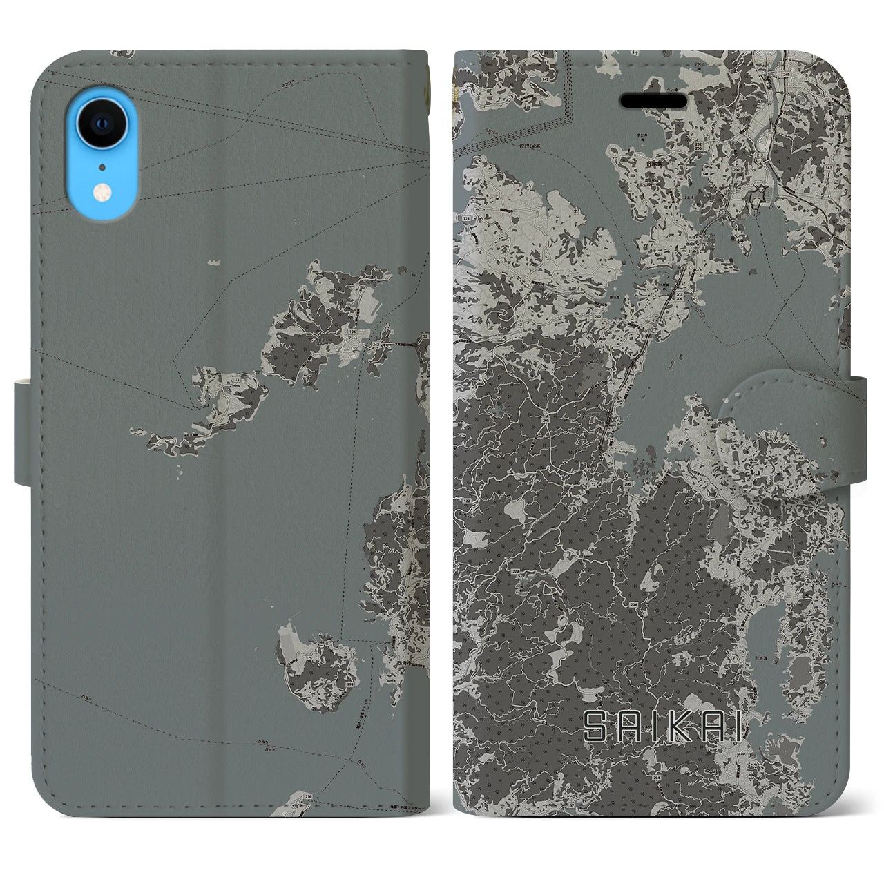 【西海】地図柄iPhoneケース（手帳両面タイプ・モノトーン）iPhone XR 用