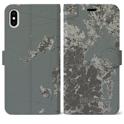 【西海（長崎県）】地図柄iPhoneケース（手帳タイプ）モノトーン・iPhone XS Max 用