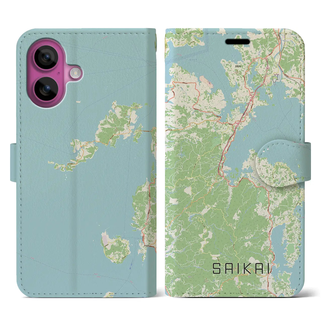 【西海（長崎県）】地図柄iPhoneケース（手帳タイプ）ナチュラル・iPhone 16 Pro 用