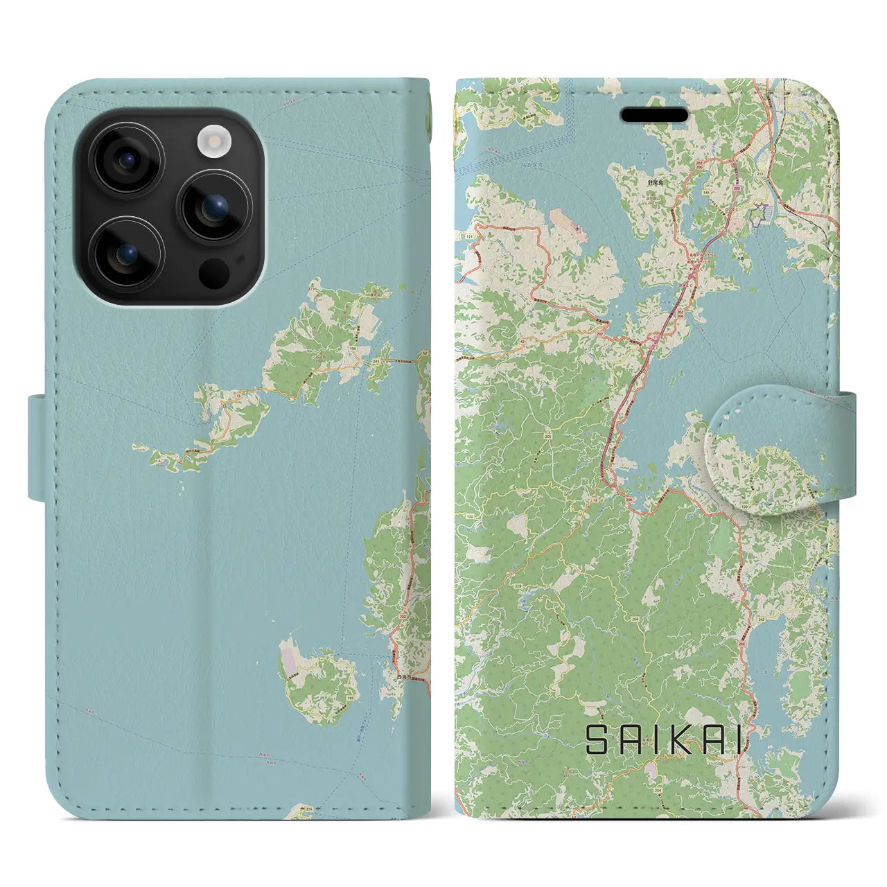 【西海（長崎県）】地図柄iPhoneケース（手帳タイプ）ナチュラル・iPhone 16 用