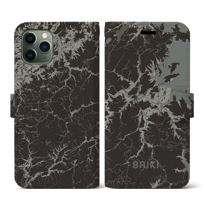 【佐伯（大分県）】地図柄iPhoneケース（手帳タイプ）モノトーン・iPhone 11 Pro 用