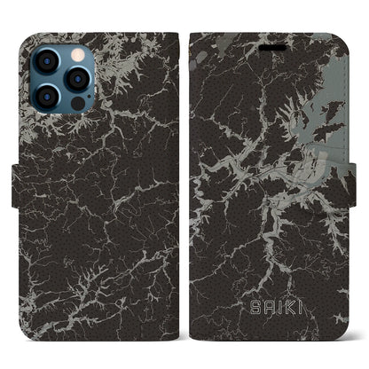 【佐伯（大分県）】地図柄iPhoneケース（手帳タイプ）モノトーン・iPhone 12 / 12 Pro 用