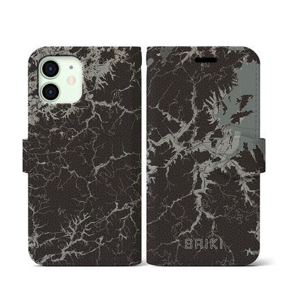 【佐伯（大分県）】地図柄iPhoneケース（手帳タイプ）モノトーン・iPhone 12 mini 用