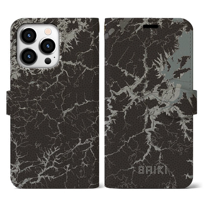 【佐伯（大分県）】地図柄iPhoneケース（手帳タイプ）モノトーン・iPhone 13 Pro 用