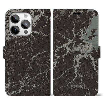 【佐伯（大分県）】地図柄iPhoneケース（手帳タイプ）モノトーン・iPhone 14 Pro 用