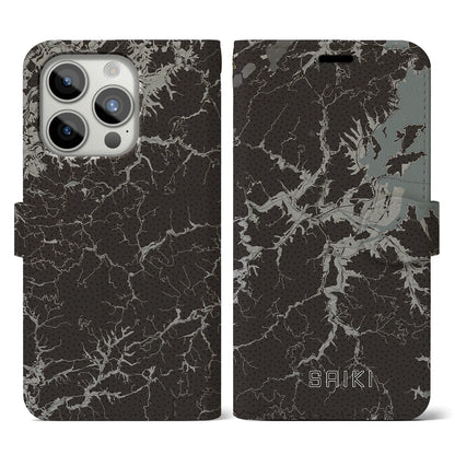 【佐伯（大分県）】地図柄iPhoneケース（手帳タイプ）モノトーン・iPhone 15 Pro 用