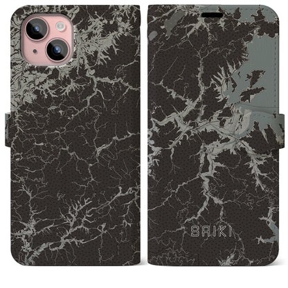 【佐伯（大分県）】地図柄iPhoneケース（手帳タイプ）モノトーン・iPhone 15 Plus 用