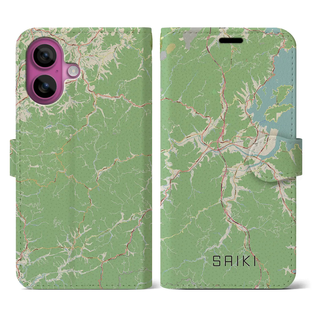 【佐伯（大分県）】地図柄iPhoneケース（手帳タイプ）ナチュラル・iPhone 16 Pro 用