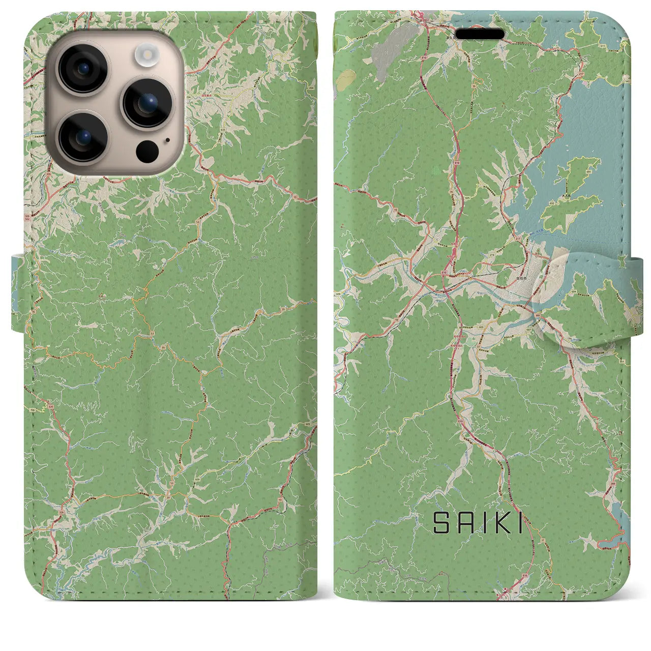 【佐伯（大分県）】地図柄iPhoneケース（手帳タイプ）ナチュラル・iPhone 16 Plus 用