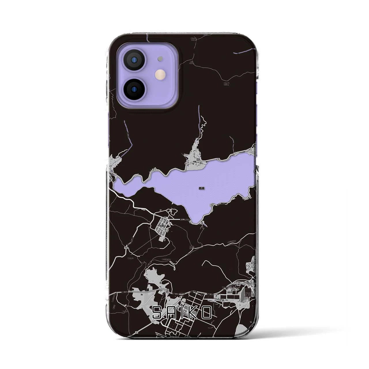 【西湖（山梨県）】地図柄iPhoneケース（クリアタイプ）モノトーン・iPhone 12 / 12 Pro 用