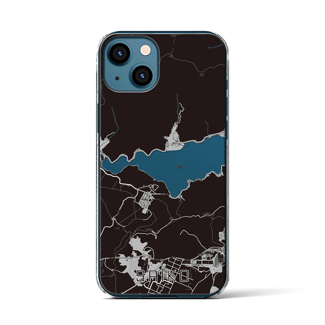 【西湖（山梨県）】地図柄iPhoneケース（クリアタイプ）モノトーン・iPhone 13 用