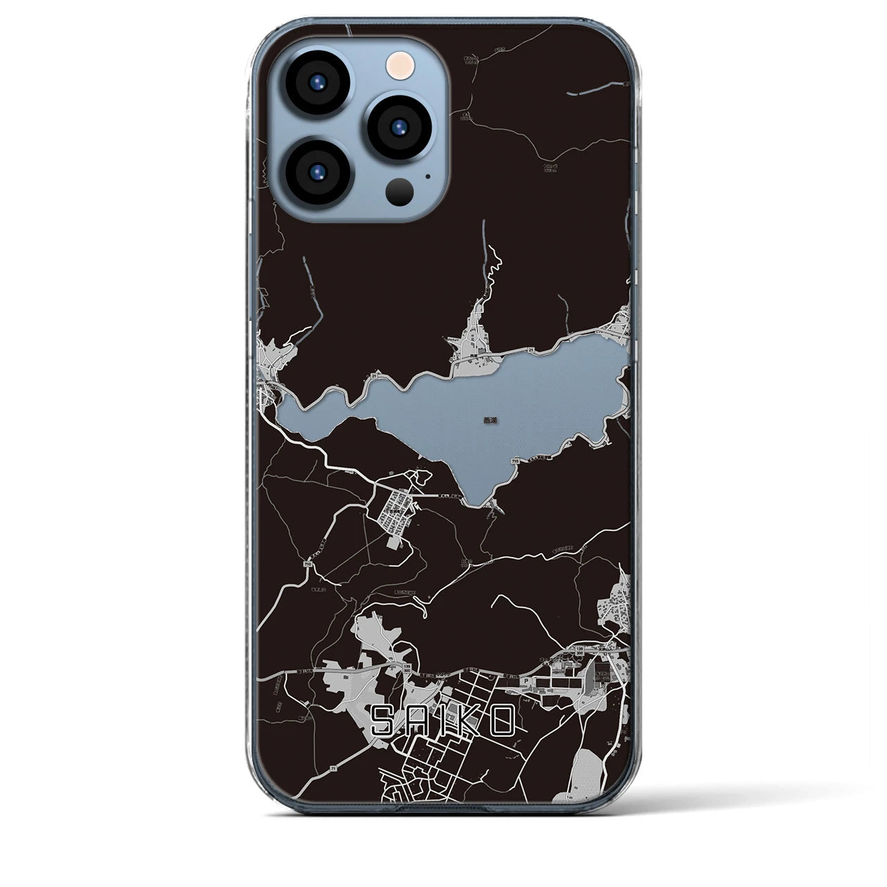 【西湖（山梨県）】地図柄iPhoneケース（クリアタイプ）モノトーン・iPhone 13 Pro Max 用