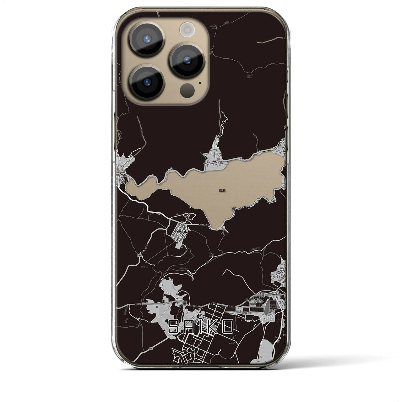 【西湖（山梨県）】地図柄iPhoneケース（クリアタイプ）モノトーン・iPhone 14 Pro Max 用