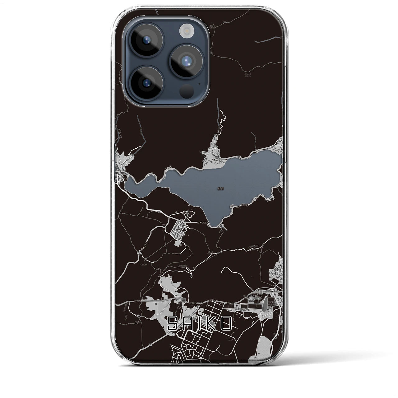 【西湖（山梨県）】地図柄iPhoneケース（クリアタイプ）モノトーン・iPhone 15 Pro Max 用