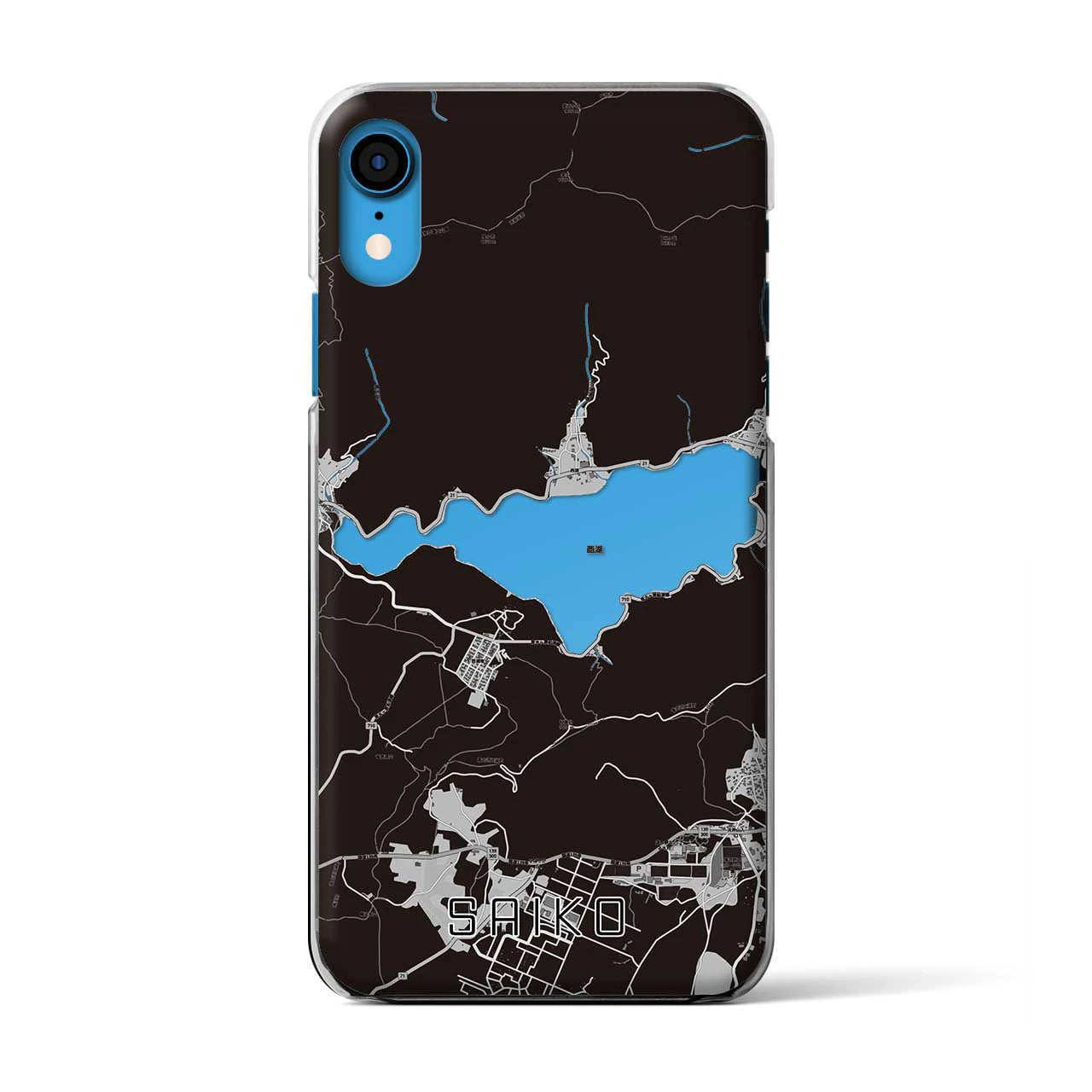 【西湖（山梨県）】地図柄iPhoneケース（クリアタイプ）モノトーン・iPhone XR 用