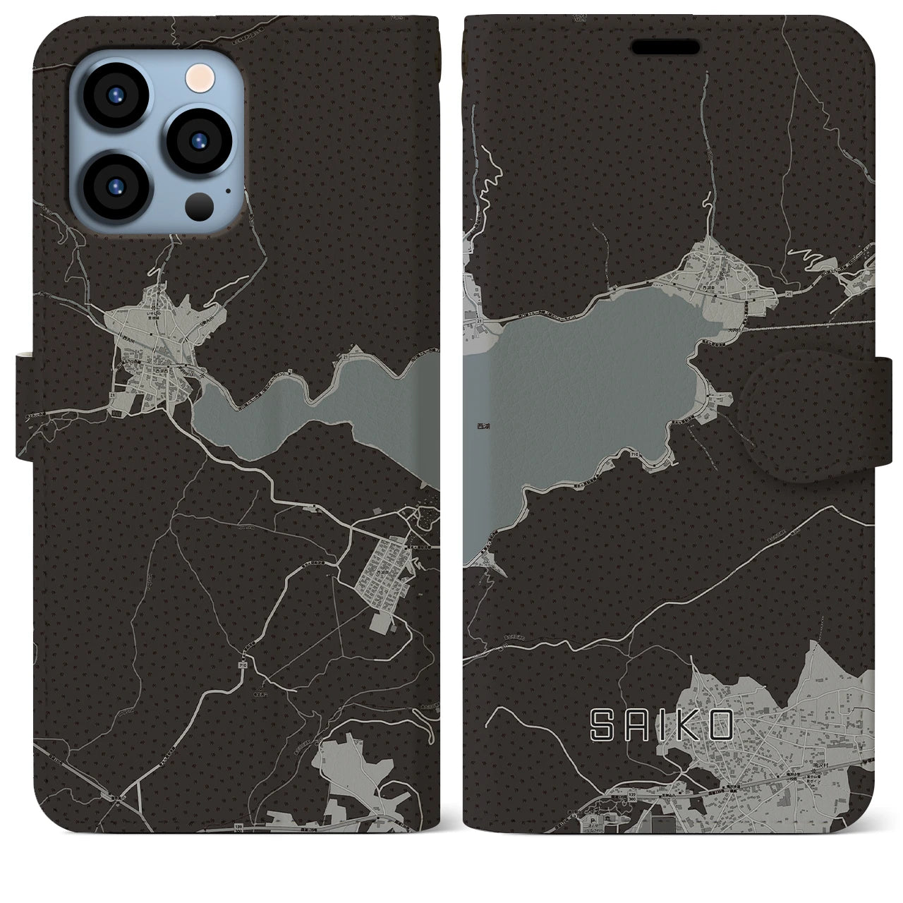 【西湖】地図柄iPhoneケース（手帳両面タイプ・モノトーン）iPhone 13 Pro Max 用