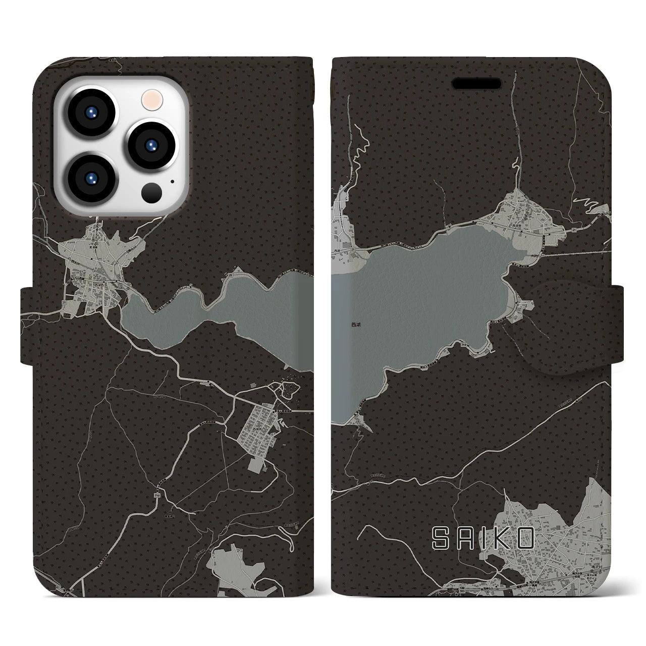 【西湖】地図柄iPhoneケース（手帳両面タイプ・モノトーン）iPhone 13 Pro 用