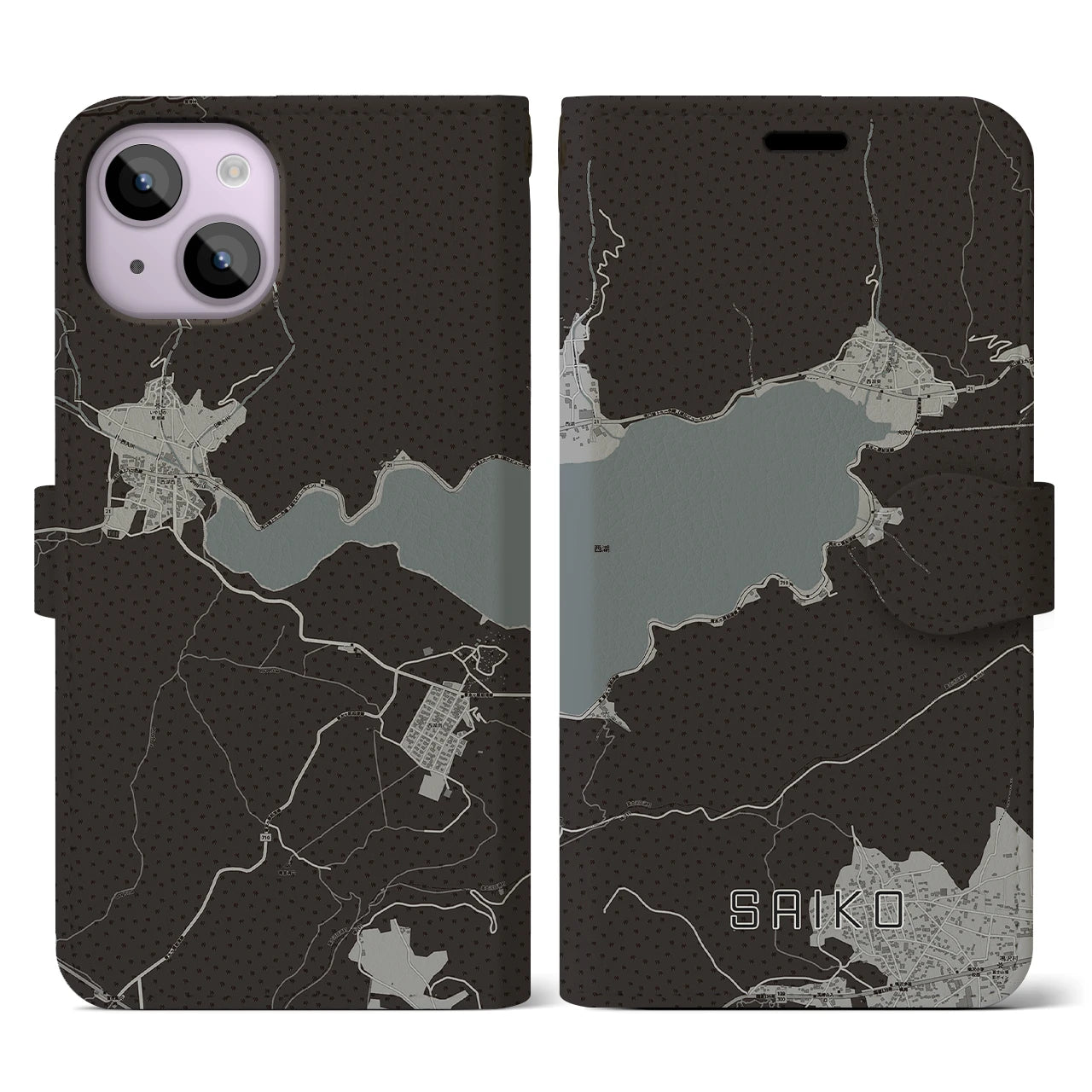 【西湖】地図柄iPhoneケース（手帳両面タイプ・モノトーン）iPhone 14 用