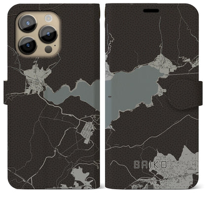 【西湖】地図柄iPhoneケース（手帳両面タイプ・モノトーン）iPhone 14 Pro Max 用