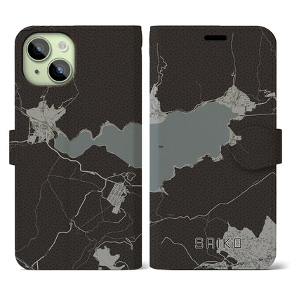 【西湖】地図柄iPhoneケース（手帳両面タイプ・モノトーン）iPhone 15 用
