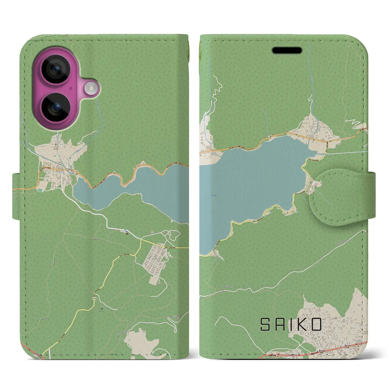 【西湖（山梨県）】地図柄iPhoneケース（手帳タイプ）ナチュラル・iPhone 16 Pro 用