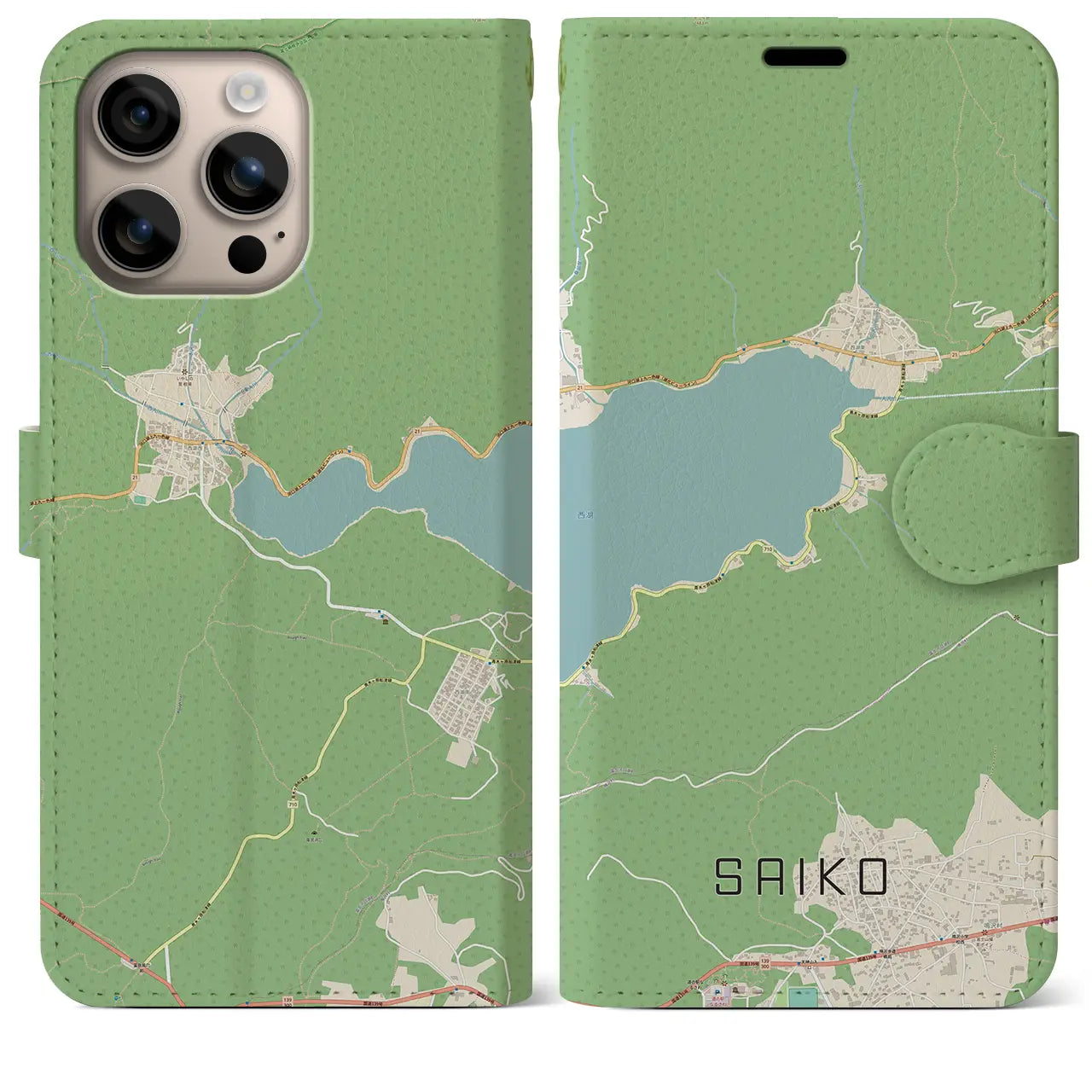 【西湖（山梨県）】地図柄iPhoneケース（手帳タイプ）ナチュラル・iPhone 16 Plus 用