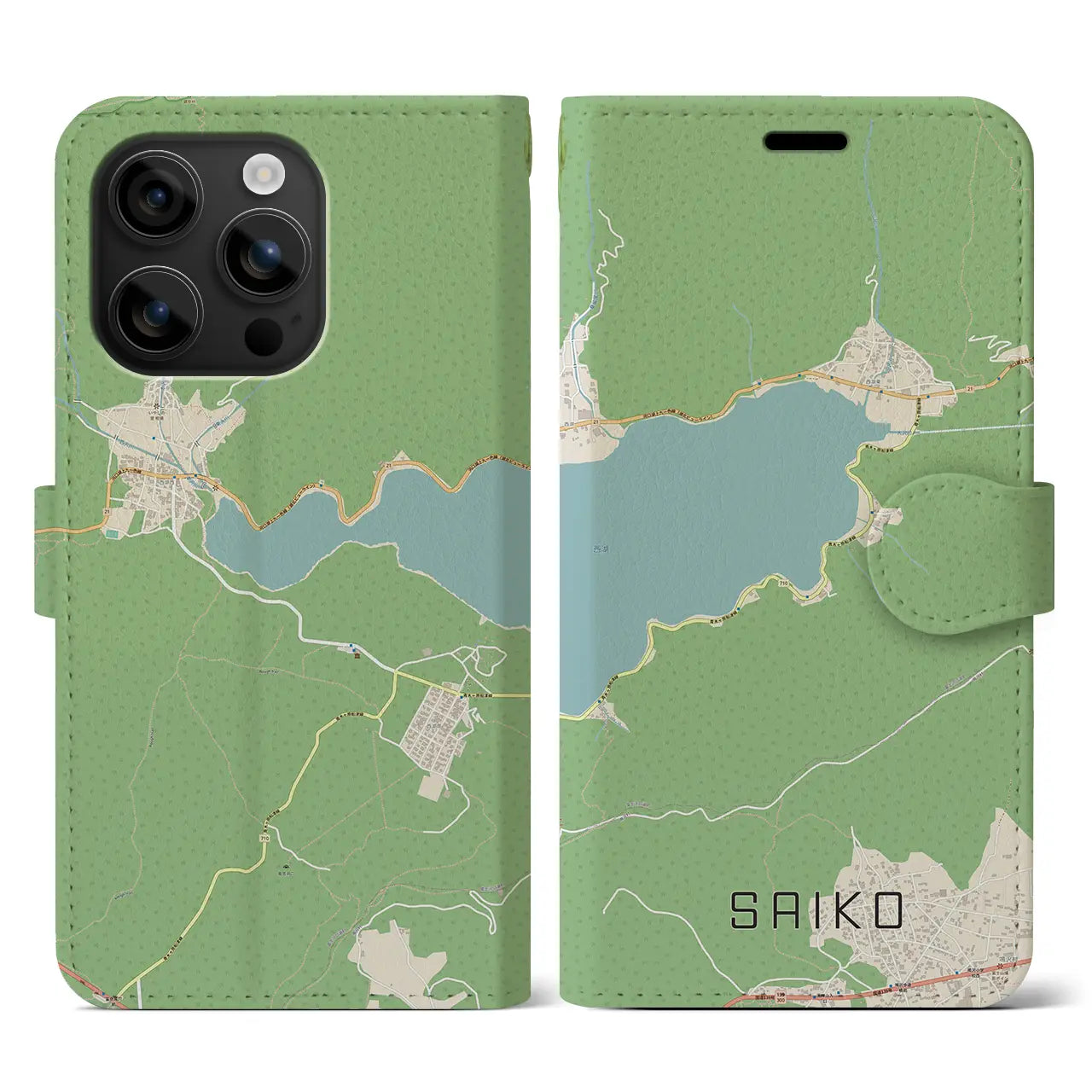 【西湖（山梨県）】地図柄iPhoneケース（手帳タイプ）ナチュラル・iPhone 16 用