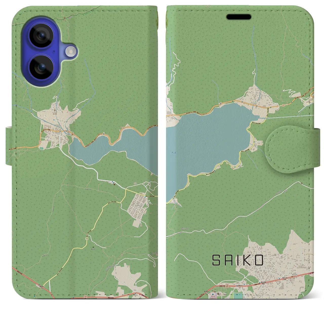 【西湖（山梨県）】地図柄iPhoneケース（手帳タイプ）ナチュラル・iPhone 16 Pro Max 用