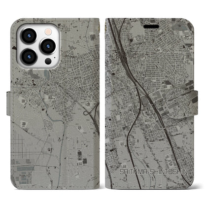 【さいたま新都心（埼玉県）】地図柄iPhoneケース（手帳タイプ）モノトーン・iPhone 13 Pro 用