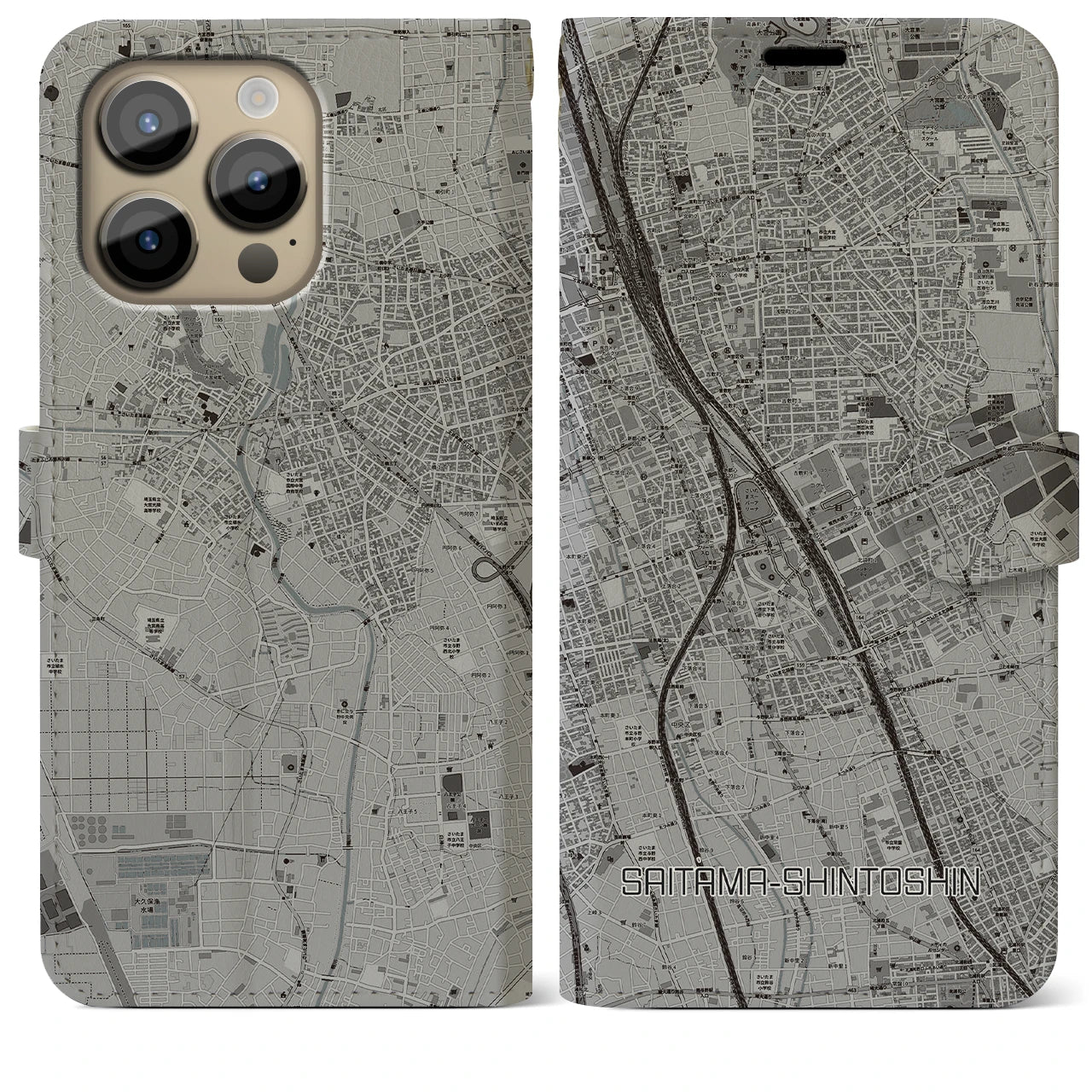 【さいたま新都心】地図柄iPhoneケース（手帳両面タイプ・モノトーン）iPhone 14 Pro Max 用