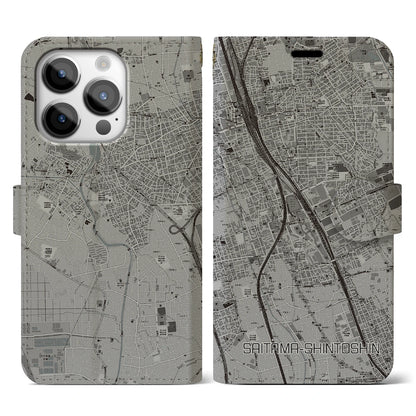 【さいたま新都心（埼玉県）】地図柄iPhoneケース（手帳タイプ）モノトーン・iPhone 14 Pro 用