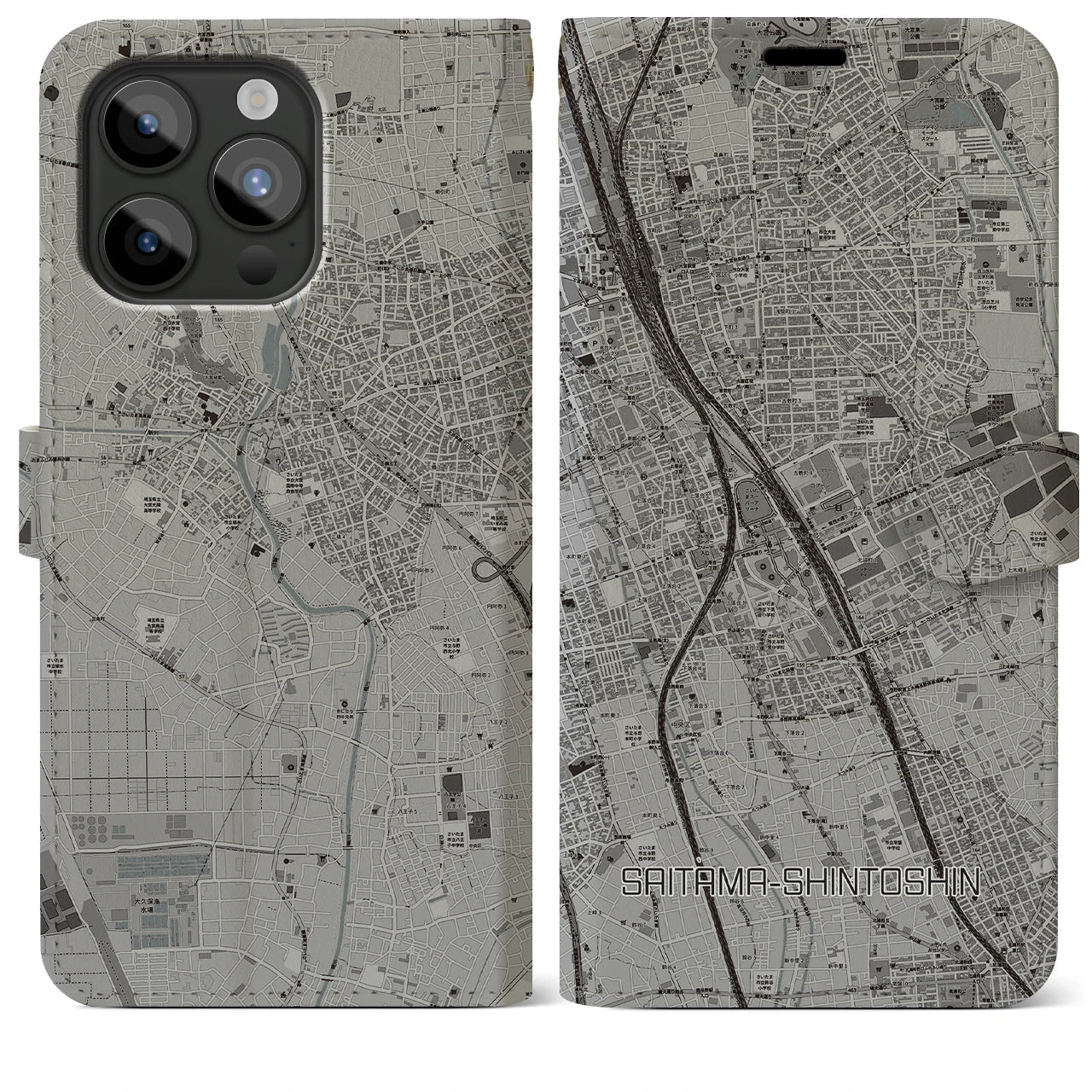 【さいたま新都心】地図柄iPhoneケース（手帳両面タイプ・モノトーン）iPhone 15 Pro Max 用