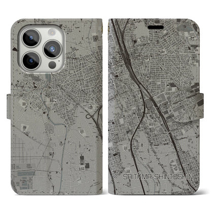 【さいたま新都心（埼玉県）】地図柄iPhoneケース（手帳タイプ）モノトーン・iPhone 15 Pro 用