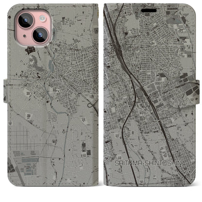 【さいたま新都心（埼玉県）】地図柄iPhoneケース（手帳タイプ）モノトーン・iPhone 15 Plus 用
