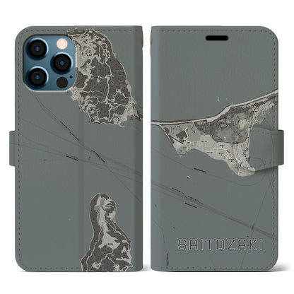 【西戸崎（福岡県）】地図柄iPhoneケース（手帳タイプ）モノトーン・iPhone 12 / 12 Pro 用