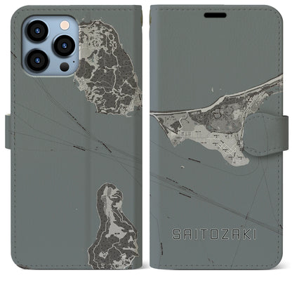 【西戸崎（福岡県）】地図柄iPhoneケース（手帳タイプ）モノトーン・iPhone 13 Pro Max 用