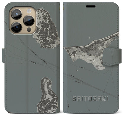 【西戸崎（福岡県）】地図柄iPhoneケース（手帳タイプ）モノトーン・iPhone 14 Pro Max 用