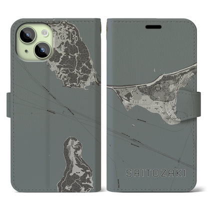【西戸崎（福岡県）】地図柄iPhoneケース（手帳タイプ）モノトーン・iPhone 15 用