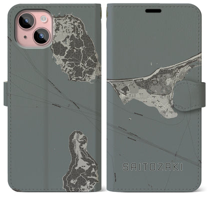 【西戸崎（福岡県）】地図柄iPhoneケース（手帳タイプ）モノトーン・iPhone 15 Plus 用