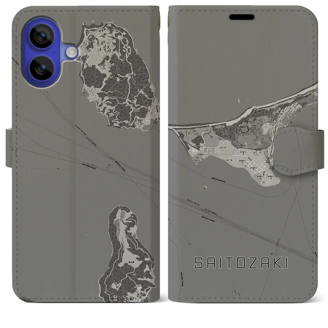 【西戸崎(福岡県)】地図柄iPhoneケース(手帳タイプ)モノトーン・iPhone 16 Pro Max 用