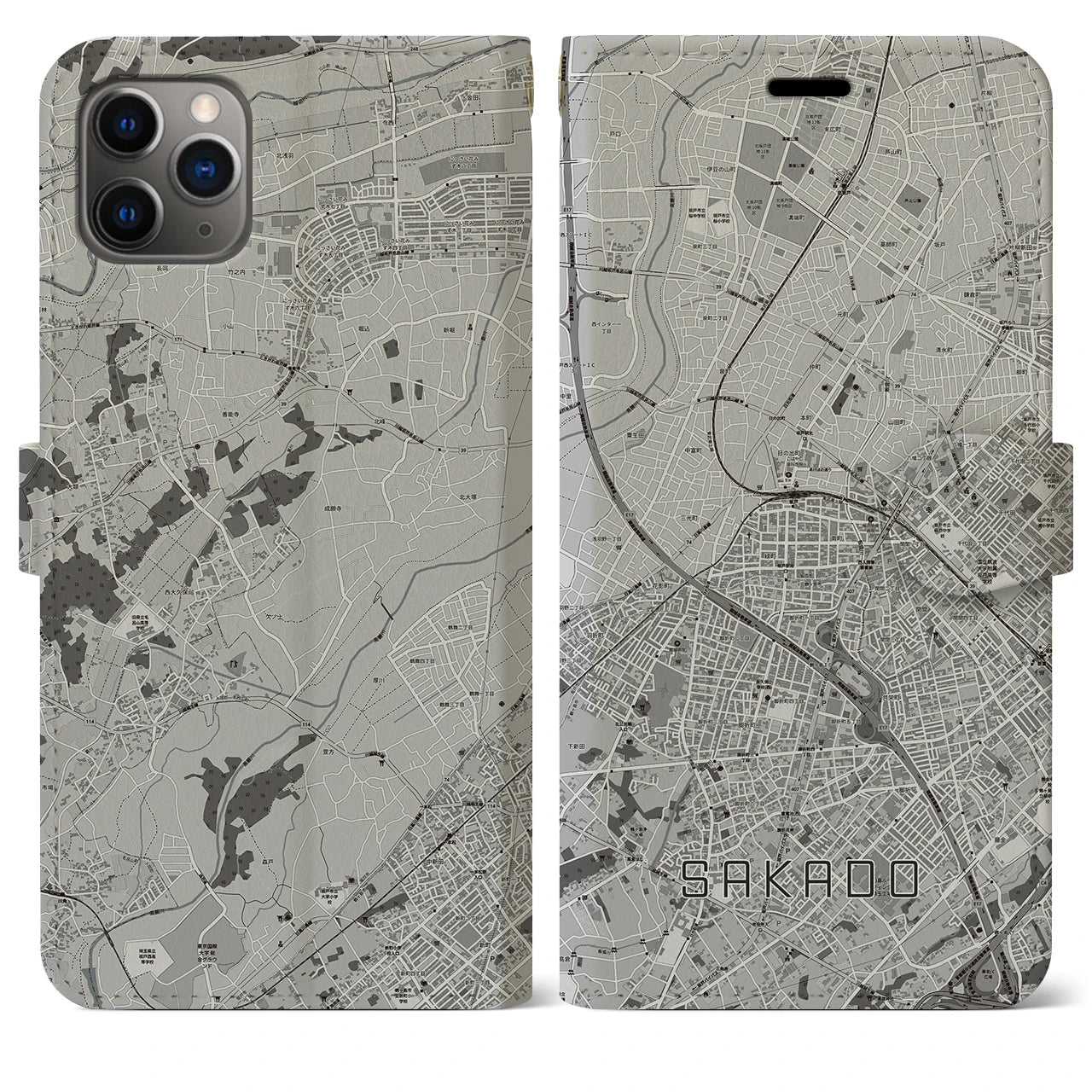 【坂戸】地図柄iPhoneケース（手帳両面タイプ・モノトーン）iPhone 11 Pro Max 用