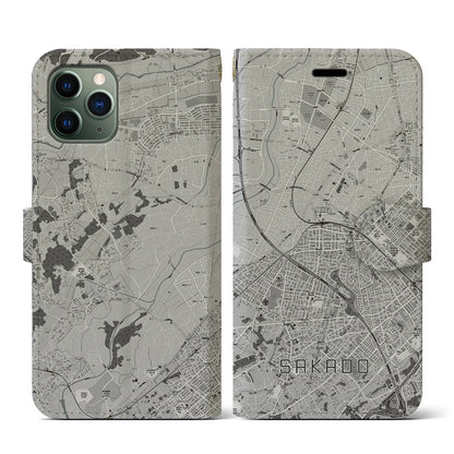 【坂戸（埼玉県）】地図柄iPhoneケース（手帳タイプ）モノトーン・iPhone 11 Pro 用