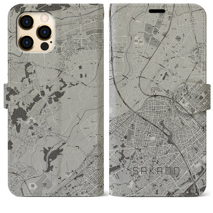 【坂戸（埼玉県）】地図柄iPhoneケース（手帳タイプ）モノトーン・iPhone 12 Pro Max 用