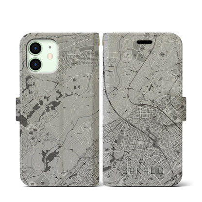 【坂戸（埼玉県）】地図柄iPhoneケース（手帳タイプ）モノトーン・iPhone 12 mini 用