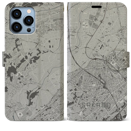【坂戸（埼玉県）】地図柄iPhoneケース（手帳タイプ）モノトーン・iPhone 13 Pro Max 用
