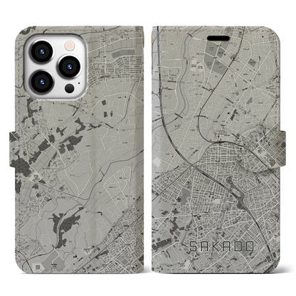 【坂戸（埼玉県）】地図柄iPhoneケース（手帳タイプ）モノトーン・iPhone 13 Pro 用